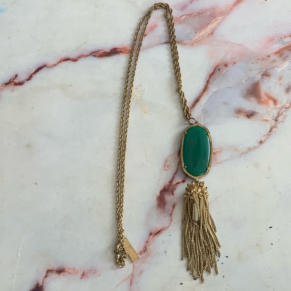 Kendra Scott Rayne Long Pendant Tassel Necklace with Green Stone Gold Plate - Picture 1 of 4